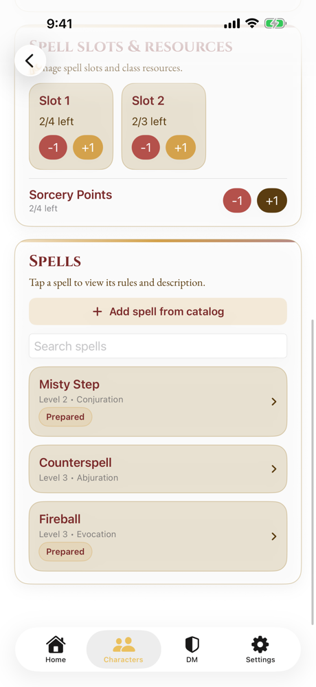 Spell area in Campaign Journal on iPhone